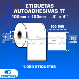 ROLLO DE ETIQUETAS ADHESIVAS 100MM X 100MM TT – (TERMO TRANSFERESNCIA) – TUCO 1″ – MIL ETIQUETAS POR ROLLO