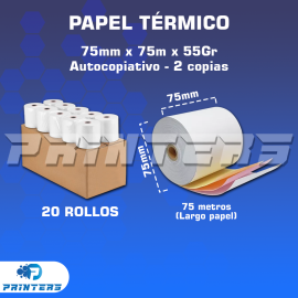 PAPEL TÉRMICO AUTOCOPIATIVO (2 COPIAS) 75mm X 75m - 55Gr PAQUETE DE 20 ROLLOS (CONTÓMETRO)