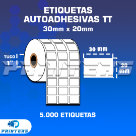 ROLLO DE ETIQUETAS ADHESIVAS 30MM X 20MM TT – (TERMO TRANSFERENCIA) – TUCO 1″ – 5MIL ETIQUETAS POR ROLLO