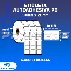 ROLLO DE ETIQUETAS ADHESIVAS 30MM X 20MM PB – (POLIPROPILENO BLANCO) – TUCO 1″ – 5MIL ETIQUETAS POR ROLLO