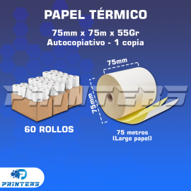 PAPEL TÉRMICO AUTOCOPIATIVO (1 COPIA) 75mm X 75m - 55Gr PAQUETE DE 60 ROLLOS (CONTÓMETRO)