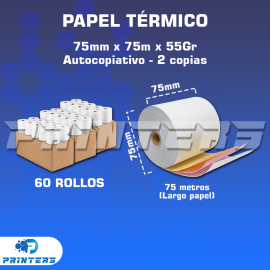 PAPEL TÉRMICO AUTOCOPIATIVO (2 COPIAS) 75mm X 75m - 55Gr PAQUETE DE 60 ROLLOS (CONTÓMETRO)
