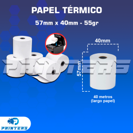 PAPEL TÉRMICO 57mm x 40m - 55Gr caja de 100 unidades  (CONTÓMETRO)